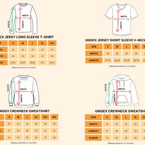 four different illustrations of a long-sleeved shirt, including a long-sleeved T-shirt and a crew neck sweatshirt. Each illustration is accompanied by measurements in inches, indicating the sleeve length, width, and other dimensions of the shirt.