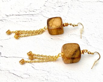 Drop A Beat - Boho Earrings - Cube Wood Beads, Gold Chain, Gold Filigree Beads, Gold Jewelry, Fish Hook Earrings, Dangle Earrings