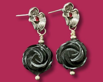 Sweet Surrender Earrings (0021E) - Red Crystals, Black Hand Carved Flower Beads, Silver Jewelry, Black Earrings, Flower Studs, Dangle