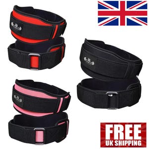 May include: Four weightlifting belts in different colours. Two black belts with pink and red accents. One red belt with black accents. One black belt with a red accent. All belts have the text "LB Fitness" printed on them.