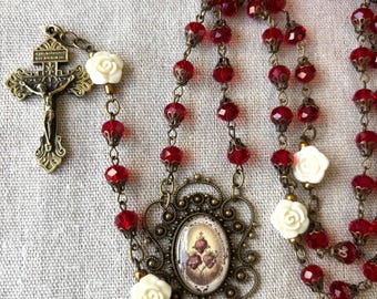 Handmade Rosary: Ruby Red Faux Crystal Beads, Pardon Crucifix