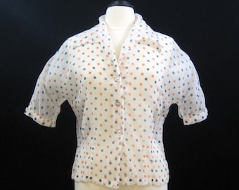 Vintage 50s Blouse Sheer Nylon Chiffon Red white blue Polka Dot top shirt
