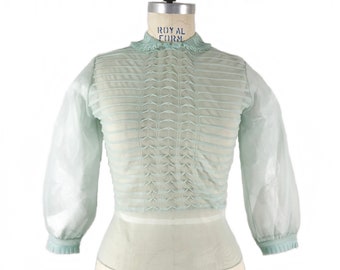 Vintage 50s Blouse Sheer Nylon Mint Green Puff Sleeve back button top shirt