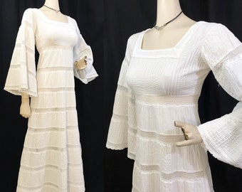 Vintage 70s Mexican Pintuck Wedding Dress Angel sleeves Lace White Cotton Hippie Festival