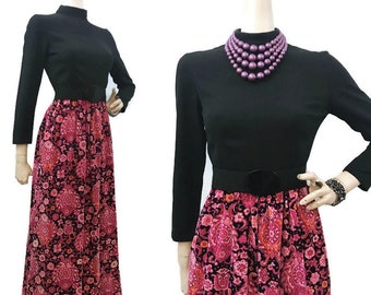 Vintage 60s Dress Psychedelic Floral Velvet Maxi skirt Black Turtleneck top