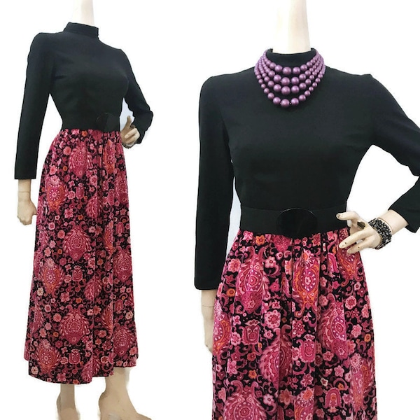 Vintage 60s Dress Psychedelic Floral Velvet Maxi skirt Black Turtleneck top