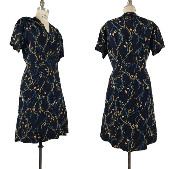Vintage 40s Dress Floral Rayon navy blue volup - image 7