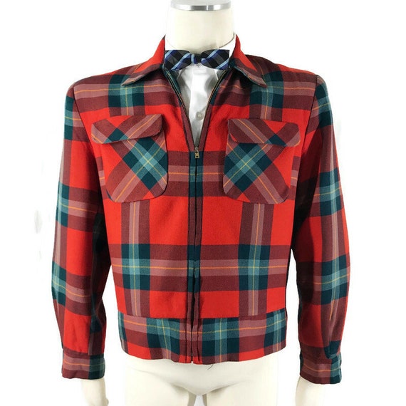 Vintage 50s Jacket Red Tartan Plaid Wool Gabardine Bomber Coat  