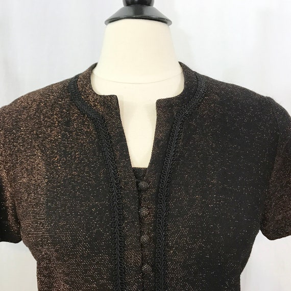 Vintage 60s Blouse Copper Lurex Black Button Crop… - image 5