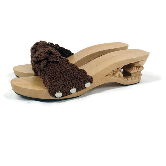 Vintage Wood Wedge Sandals Tiki Carved Hawaiian C… - image 1