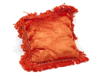 Vintage 70s Orange crushed Velvet Pillow Macrame Fringe MCM Home