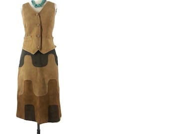 Vintage 60s 70s Suede Vest Skirt Outfit World Knits Brown Tan Midi Suit