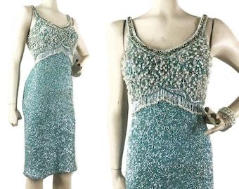 Vintage 60s Dress Beaded Sequined Aqua Wool Knit Sleeveless Wiggle Dress