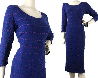 Vintage 50s Knit Dress Snyderknit California Blue Wool Boucle Purple Ribbon Stripe Wiggle Sweaterdress
