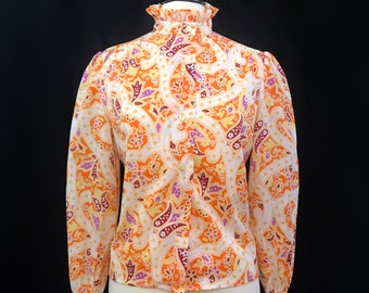 Vintage 70s Blouse Victorian Inspired Psychedelic Paisley High Neck Puff sleeve