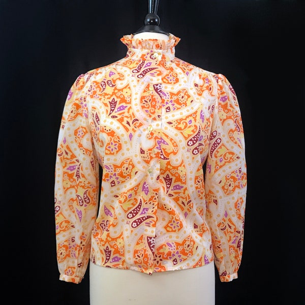 Vintage 70s Blouse Victorian Inspired Psychedelic Paisley High Neck Puff sleeve