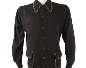 Vintage 60s Sweater Brown Wool Acrylic Knit White stitching Mod Cardigan Signor Valentino