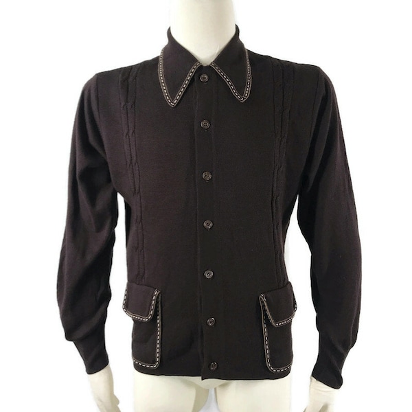 Vintage 60s Sweater Brown Wool Acrylic Knit White stitching Mod Cardigan Signor Valentino