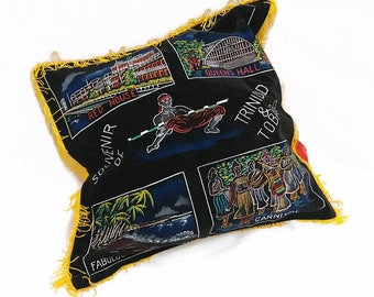 Vintage Pillow Cover 60s 70s Black Velvet Velour Case Trinidad Tobago Souvenir