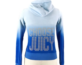 Vintage Y2K Juicy Couture Velour Hoodie Blue Ombre Bling Choose Juicy Jacket