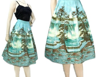 Vintage 50s skirt Border Print Niagara Falls Souvenir Novelty Print Pleated Full Skirt