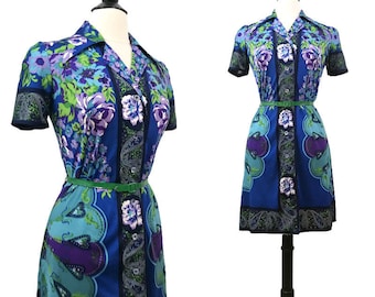 Vintage 70s Dress Mod Paisley Floral Border Print Faber Italy Nylon Jersey Shirt Dress