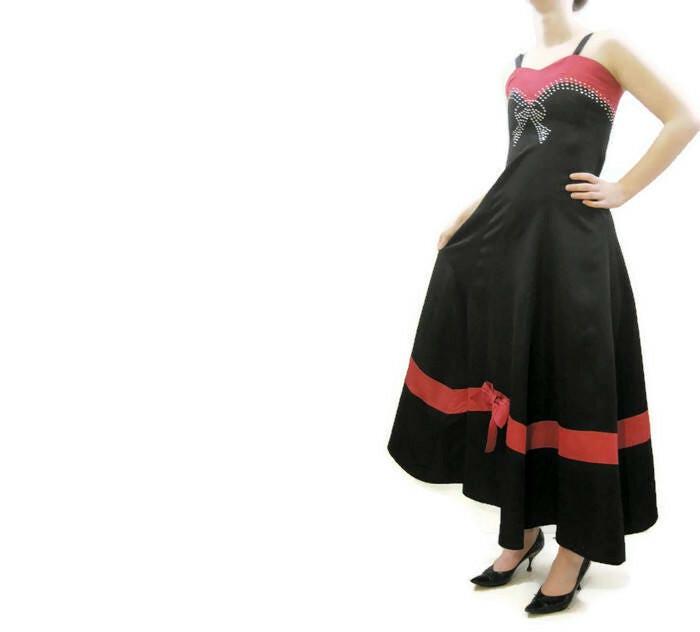 Buy Vintage 30s 40s Gown Rhinestone Bow Dress Red Black Taffeta 