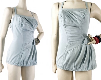 Vintage 50s Swimsuit Catalina Gathered Sarong Style Ice Blue Bathing Suit