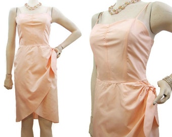 Vintage Sarong Dress 80s Peach Taffeta Cocktail Wiggle Summer Sundress