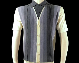 Vintage 60s Sweater Italian Style Knit Short Sleeve Wool Panel Grey Stripes