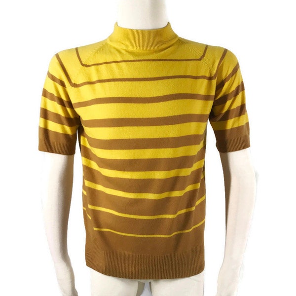 Vintage 60s 70s Sweater Short Sleeve Mock neck Mustard gold Yellow Striped Mod AS IS