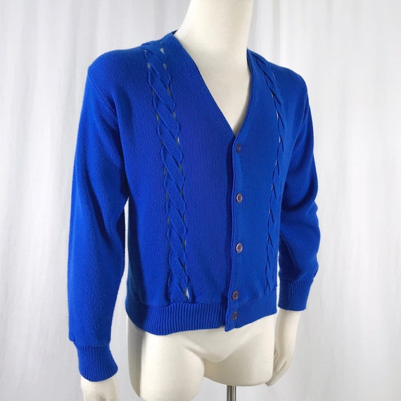 Vintage 60s 70s Mens Cardigan Blue Braided Golf G… - image 2