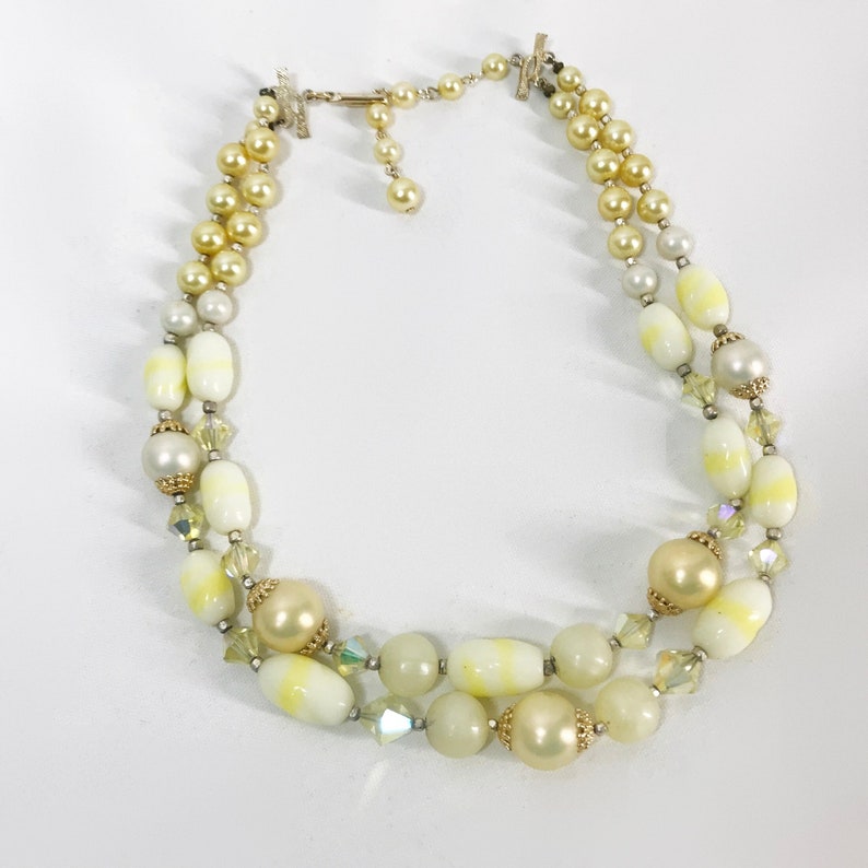 Vintage 50s 60s Necklace 2 Strand Yellow Crystal and Bead Bib image 2
