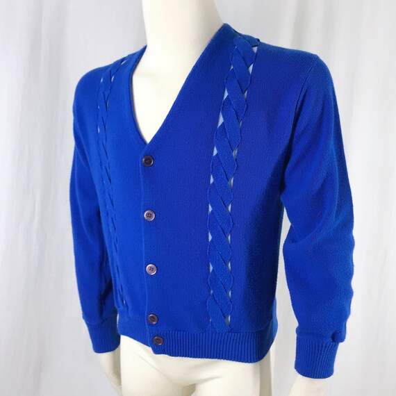 Vintage 60s 70s Mens Cardigan Blue Braided Golf G… - image 4