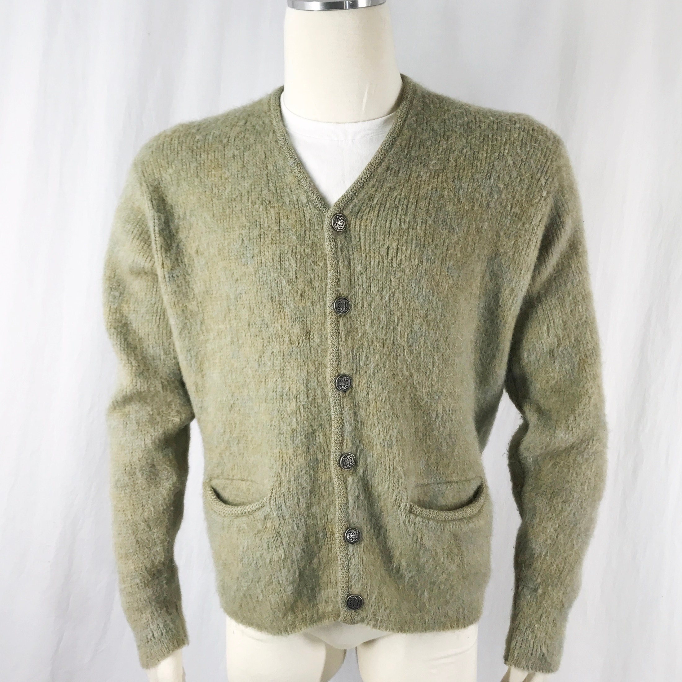 Vintage 60s Mohair Cardigan Green Gold Jantzen Fuzzy Shag Kurt