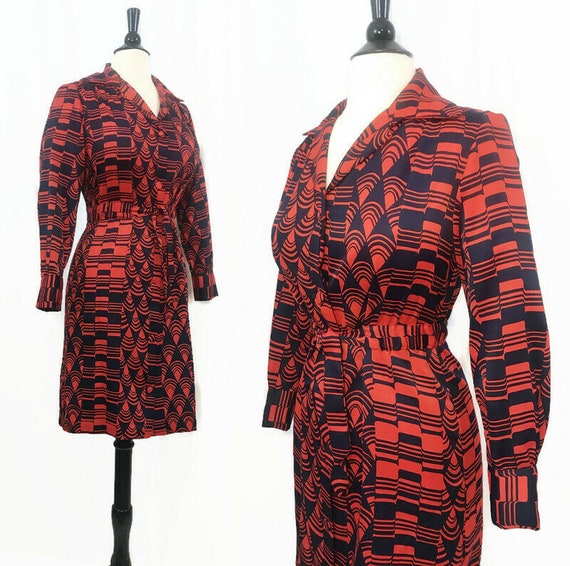 Vintage Lanvin Dress 1970s Op Art Print Red Blue … - image 3