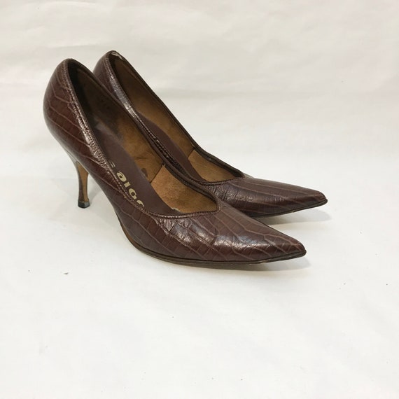 Vintage 50s 60s Shoes Brown Faux Alligator Leathe… - image 4