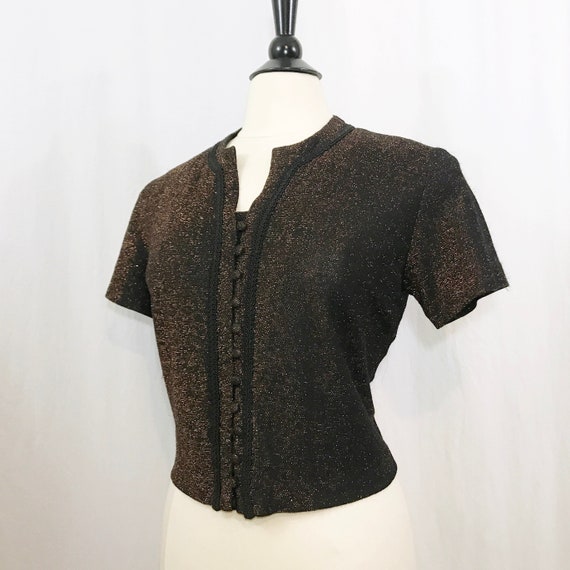 Vintage 60s Blouse Copper Lurex Black Button Crop… - image 4