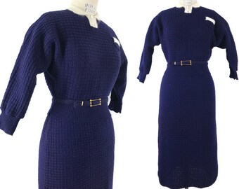 Vintage 50s Sweater skirt set wool knit suit Blue Cream Angora collar Belt