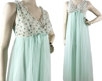 Vintage 60s 70s Nightie Mint Green Nightgown Double Chiffon babydoll Lace Empire