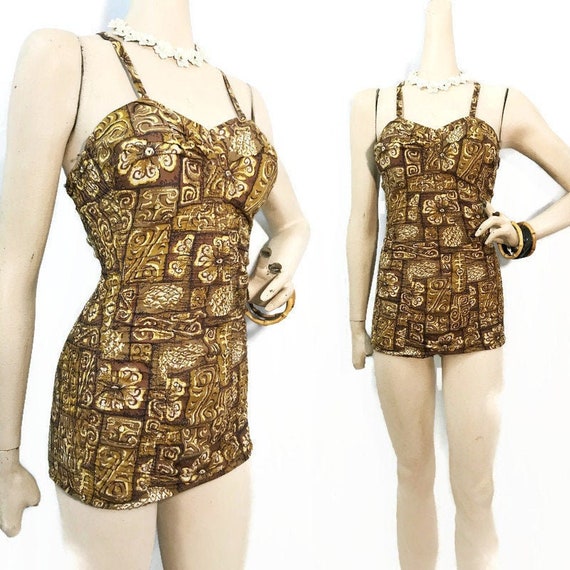 Vintage 50s Swimsuit Hawaiian Pin-up Ruched Cotton