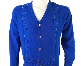 Vintage 60s 70s Mens Cardigan Blue Braided Golf Grandpa Sweater