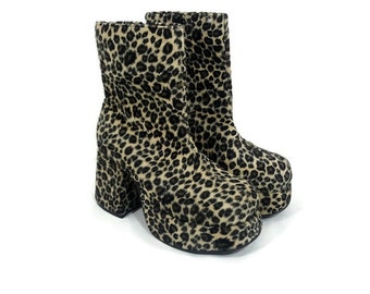 Vintage 90s Boots Platform Chunky Heel Faux Leopard Fur Transit Ankle Boots