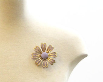 Vintage 60s Flower Brooch Mod Mauve Daisy Gold Pin