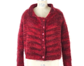Vintage 80s Mohair Sweater Shaggy Cardigan Cropped Pink Red Handmade