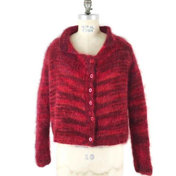 Vintage 80s Mohair Sweater Shaggy Cardigan Croppe… - image 1