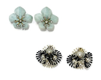 Vintage 50s Earrings Soft Plastic Starburst Black White and Aqua Leaves Rhinestones Pearl Clip on LOT of 2