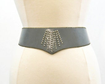 Vintage 80s Belt Wide Leather Studded Grey Brass Beads Emmanuel S M