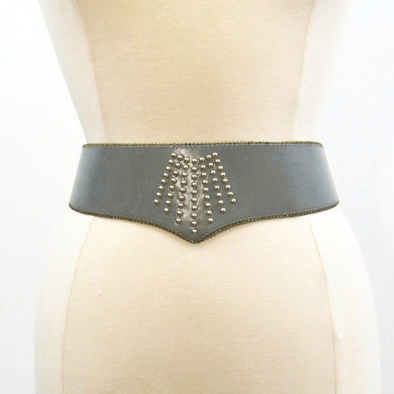 Vintage 80s Belt Wide Leather Studded Grey Brass Beads  display picture 2