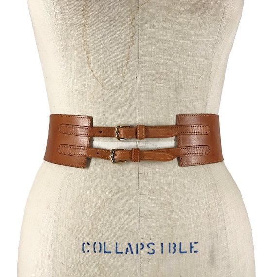 Vintage Caramel Leather Belt Double Buckle Cinch Statement